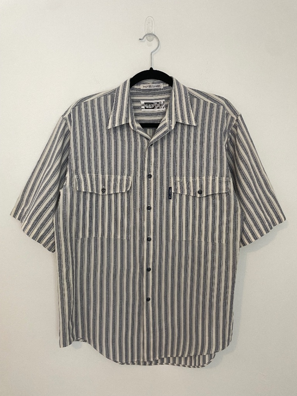 Vintage Levis Silver Label Button Down Blue Striped Short Sleeve Shirt, Mens M
